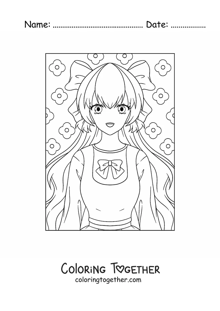 Coloring page of a kawaii anime doll with a bow