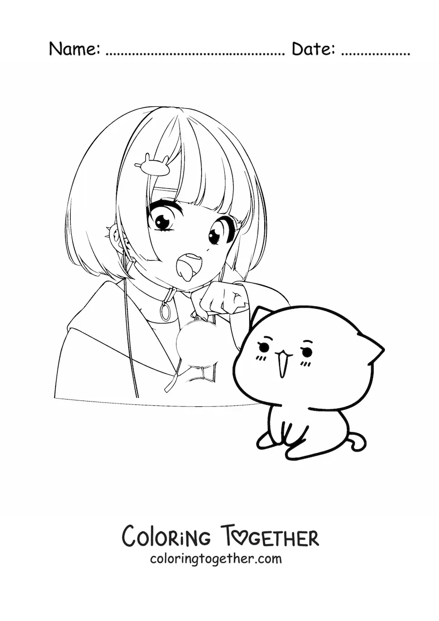Coloring page of a kawaii anime girl with a cat