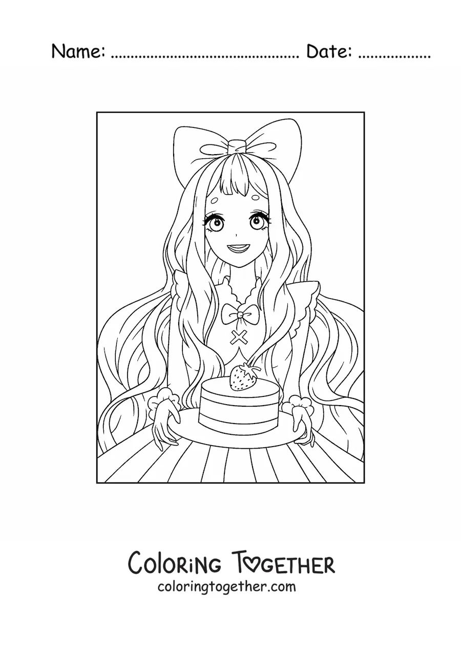Coloring page of a beautiful kawaii anime doll with a strawberry cake