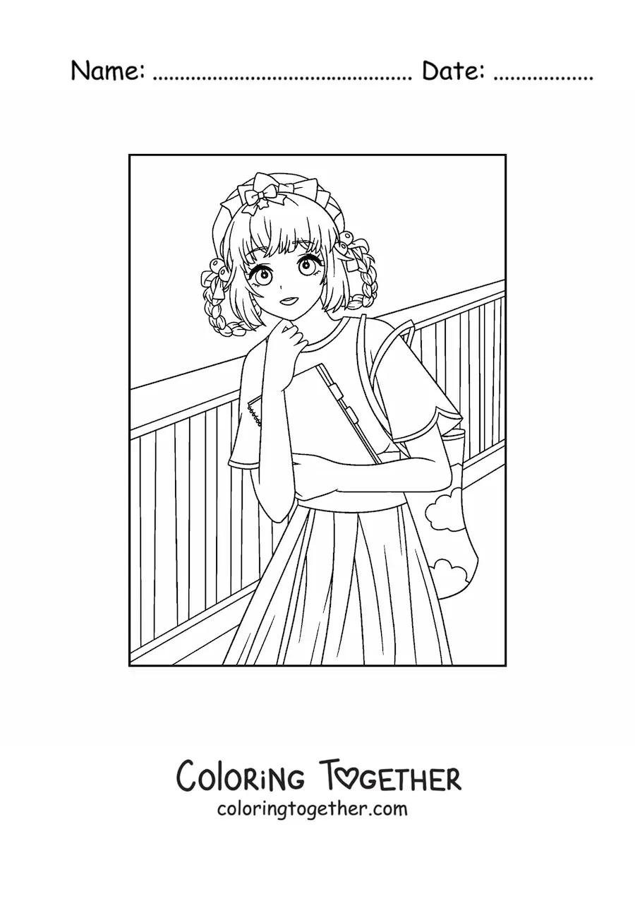 Coloring page of a kawaii anime girl at school