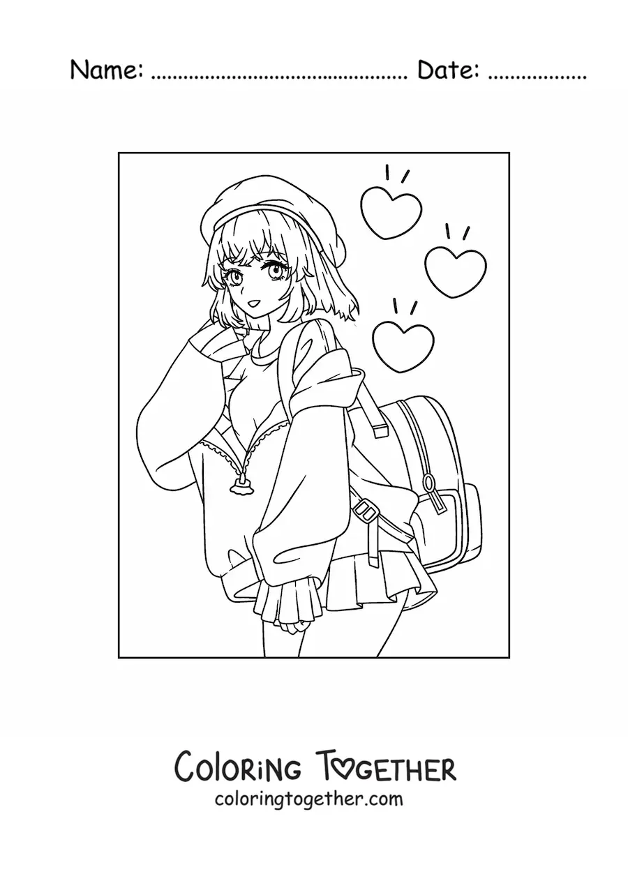 Coloring page of a kawaii anime girl with a skirt and hearts