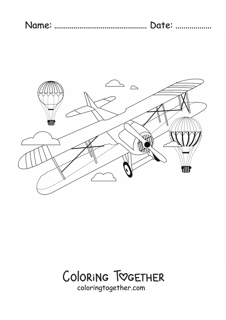 Coloring page of a plane flying with two hot air balloons