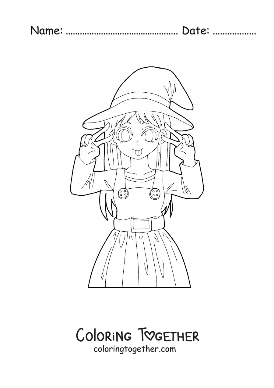 Coloring page of a kawaii anime doll dressed as a witch