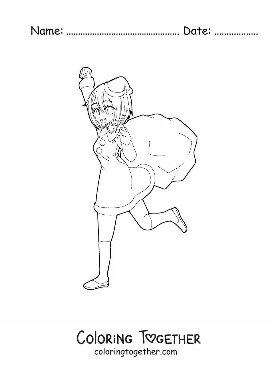 Coloring page of a kawaii anime doll in a Santa Claus outfit