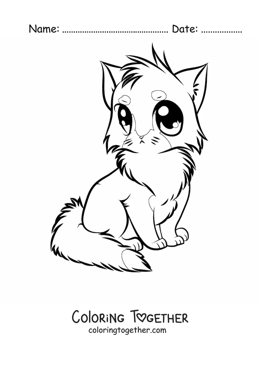 Coloring page of an anime style cartoon cat