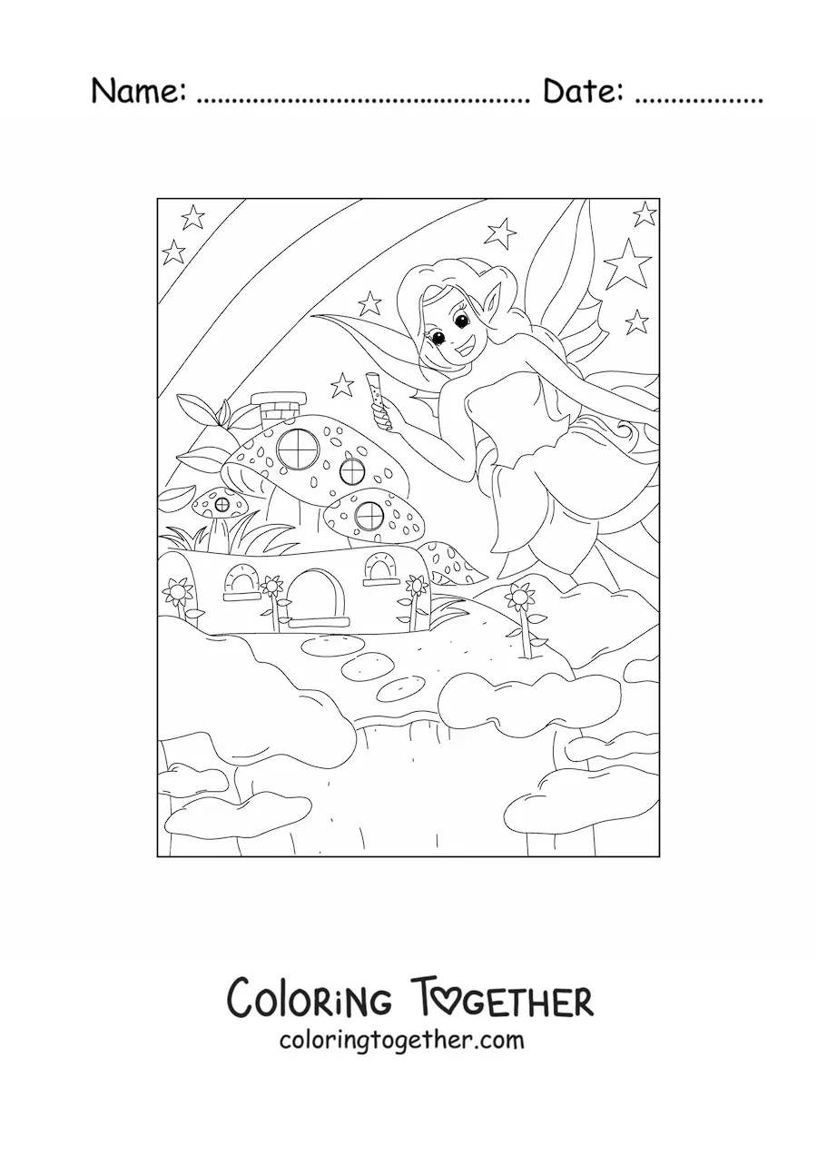 Coloring page of a fantasy fairy in a magical forest, anime style