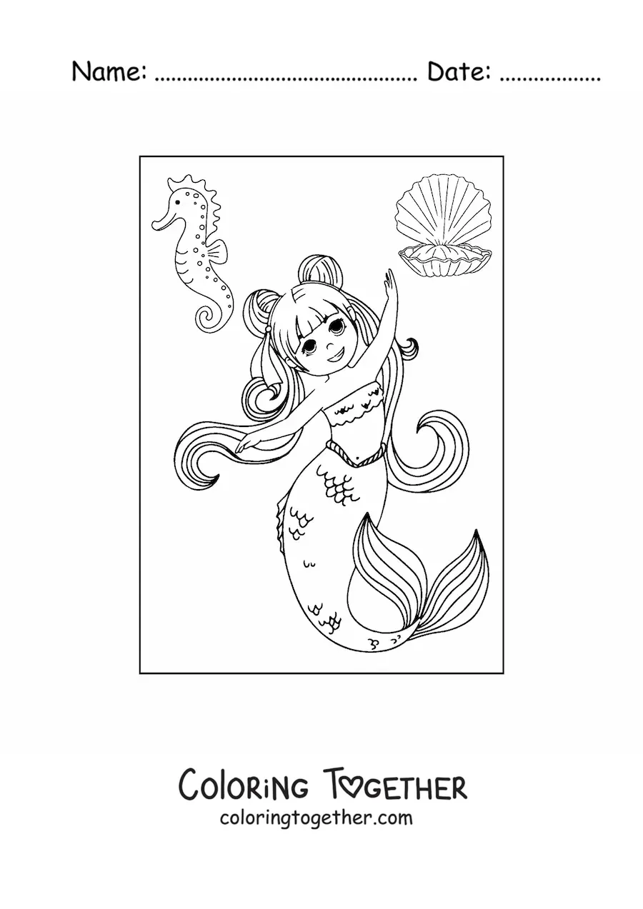 Coloring page of an anime style mermaid dancing with a seahorse