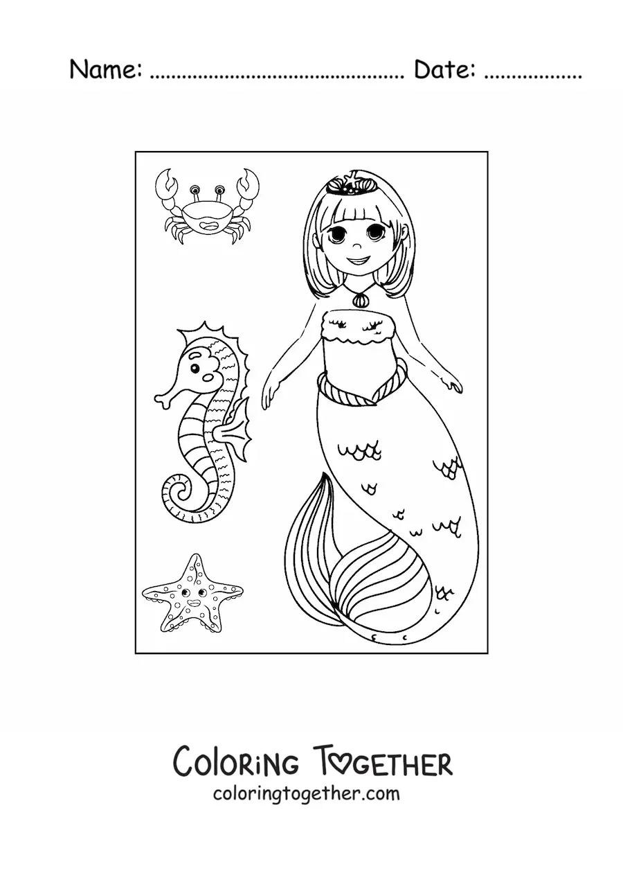 Coloring page of an anime style mermaid princess with a seahorse