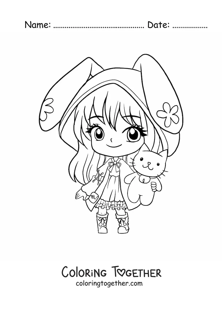 Coloring page of a kawaii chibi girl with bunny ears