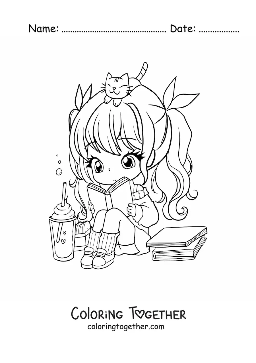 Coloring page of a kawaii chibi girl sitting and reading a book with a cat
