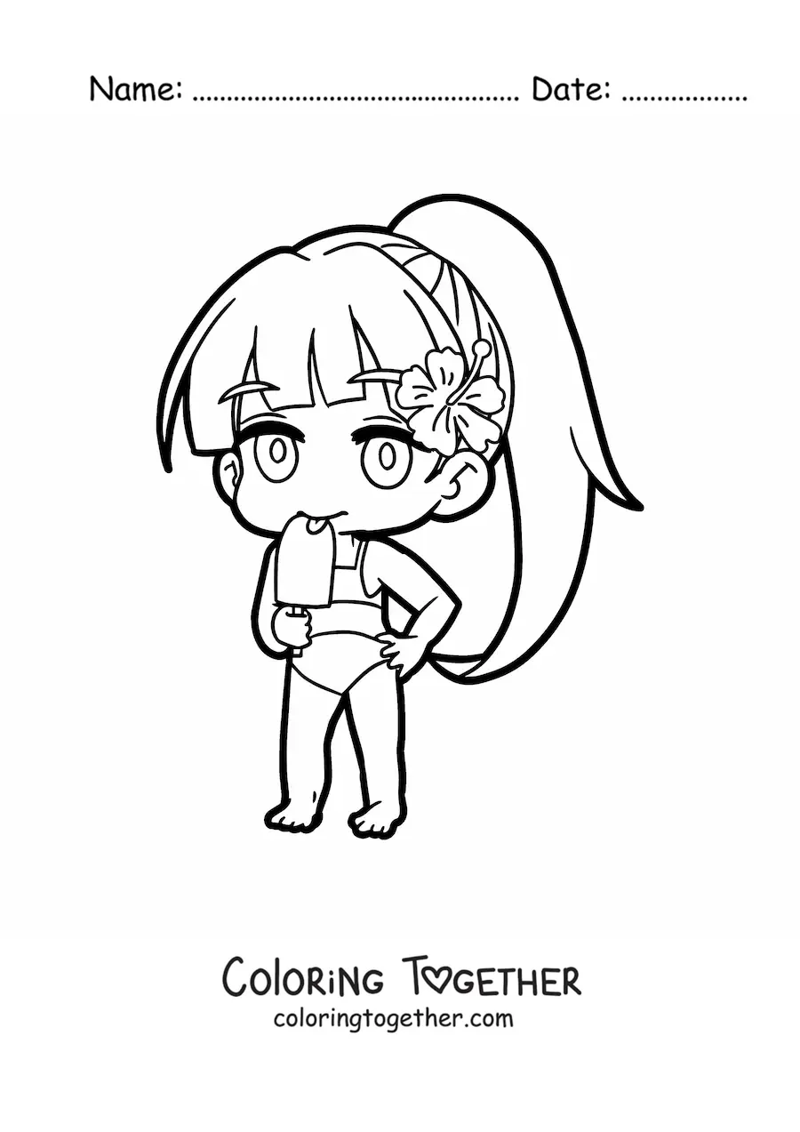 Coloring page of a kawaii chibi girl in a bikini eating ice cream