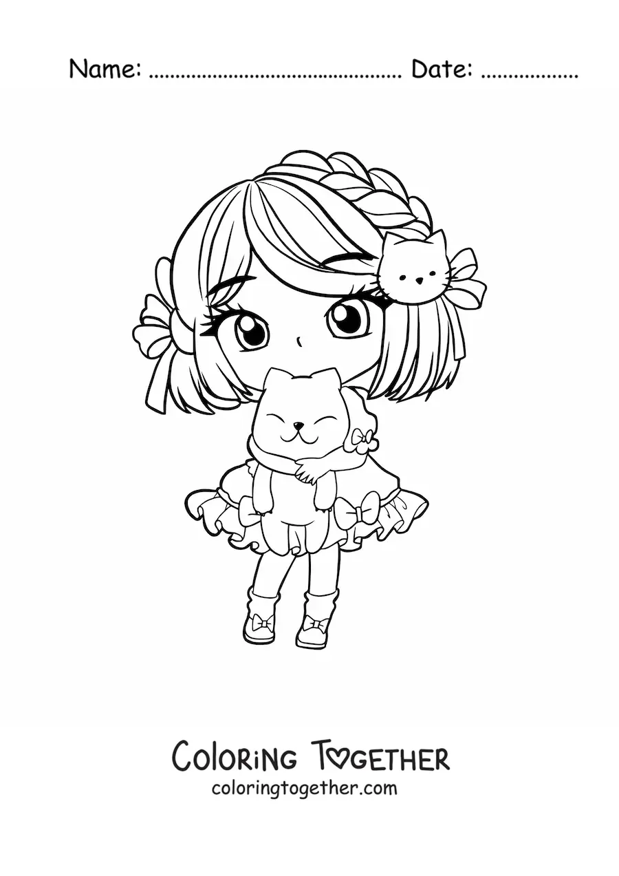 Coloring page of a kawaii chibi girl with a cat