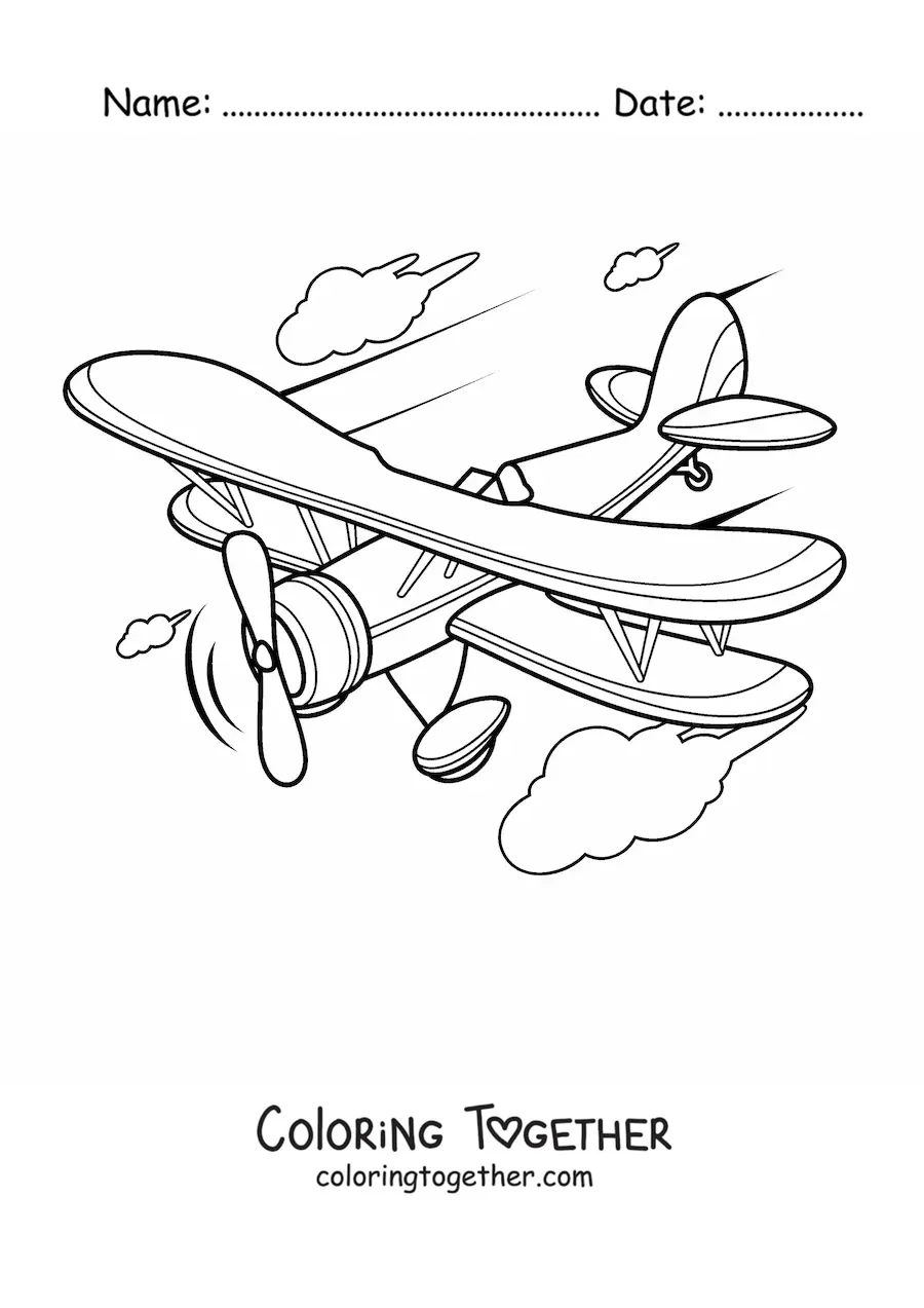 Coloring page of a plane flying with clouds in the background