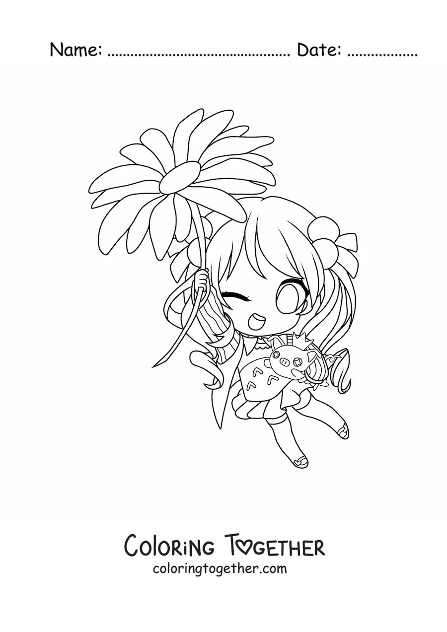Coloring page of a little kawaii chibi girl with a flower