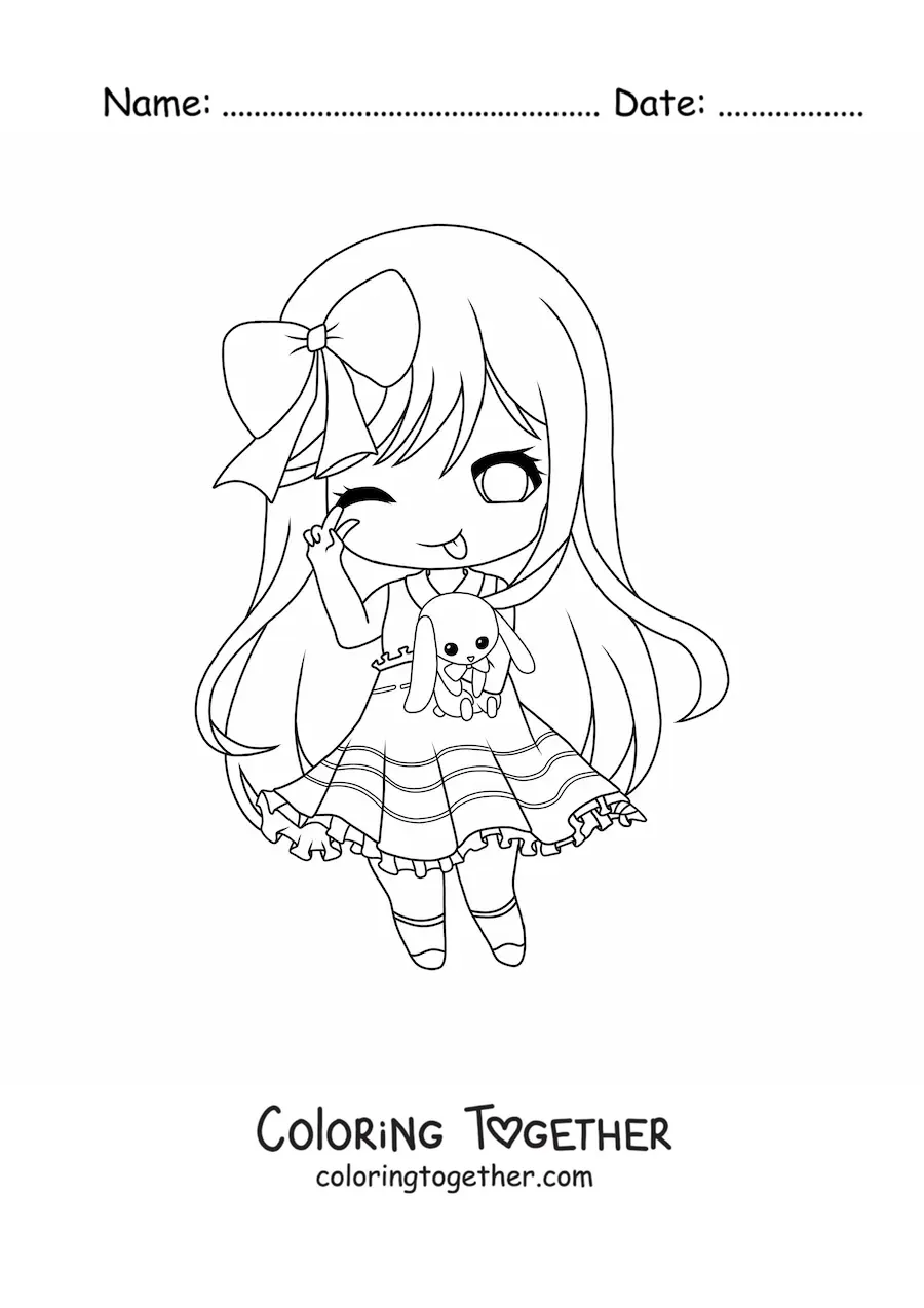 Coloring page of a big kawaii chibi girl with a bunny plushie