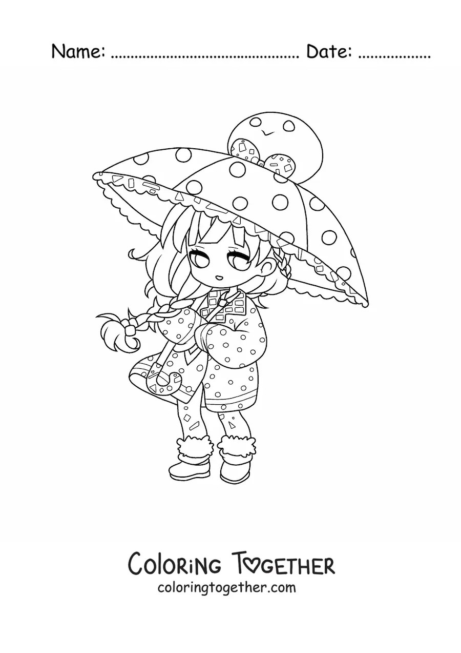Coloring page of a kawaii chibi girl with a parasol