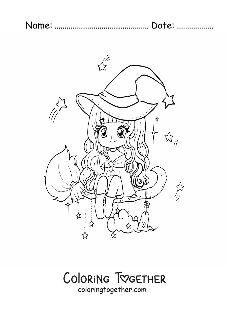 Coloring page of a kawaii chibi witch flying on her broom