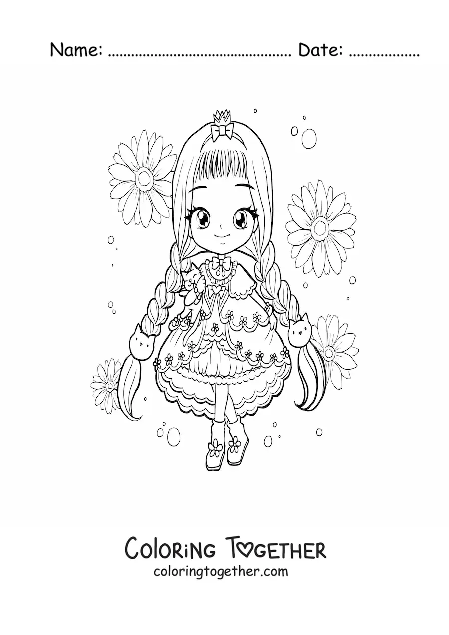 Coloring page of a kawaii chibi girl with braided hair