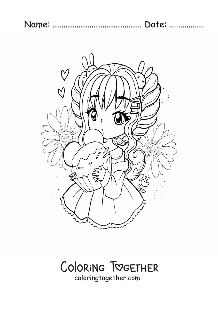 Coloring page of a kawaii chibi girl with a cupcake