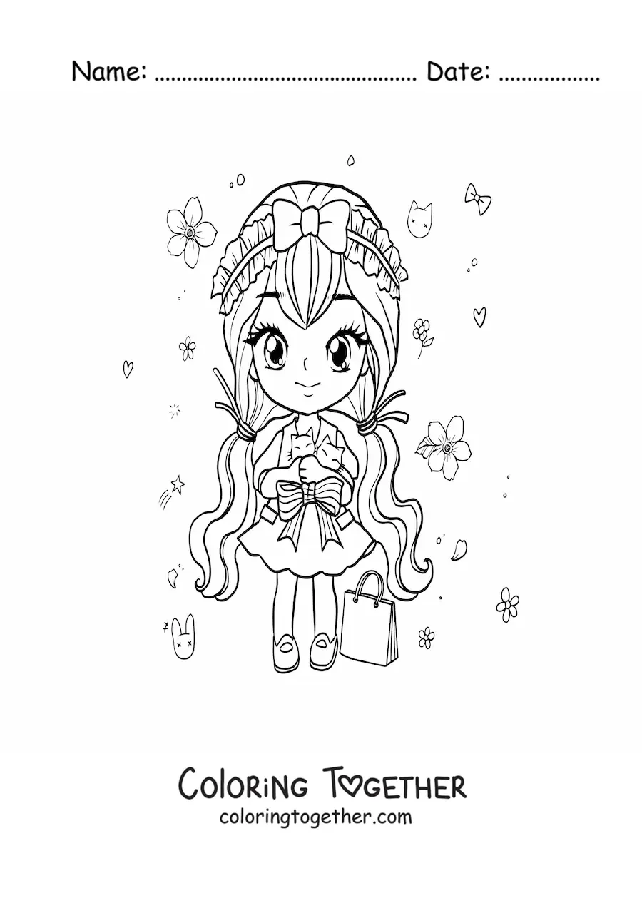 Coloring page of a chibi anime girl shopping
