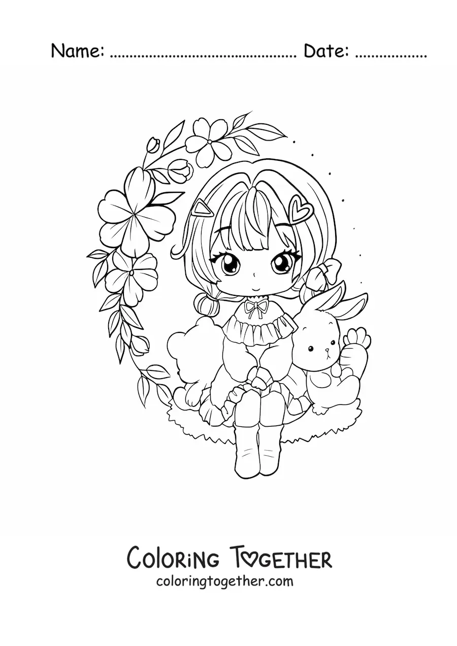 Coloring page of a chibi anime girl sitting with flowers and a rabbit