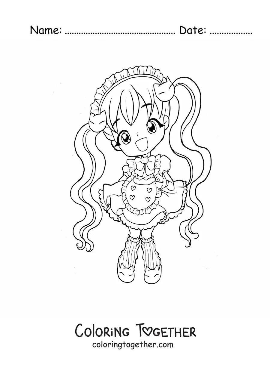 Coloring page of a chibi anime girl with pigtails