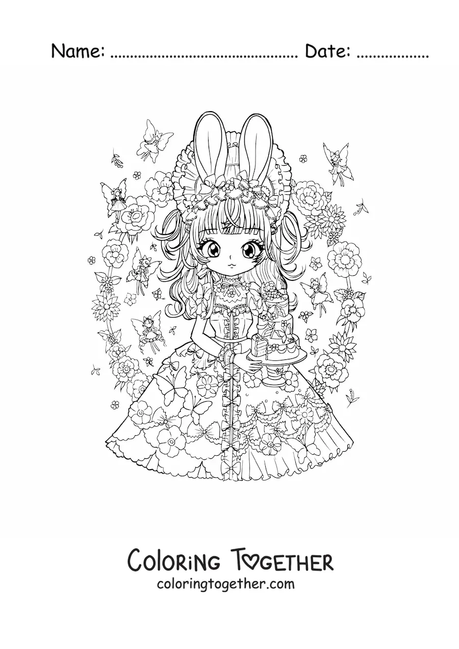 Coloring page of a chibi anime girl with bunny ears and a cake