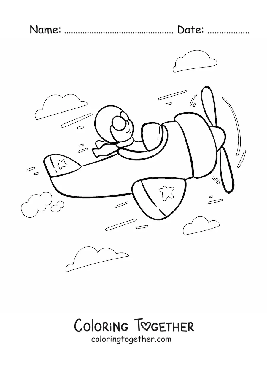 Coloring page of an airplane pilot flying with clouds in the background