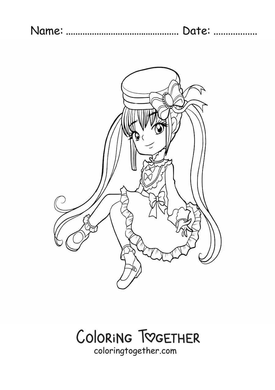 Coloring page of a chibi anime girl with a hat and dress