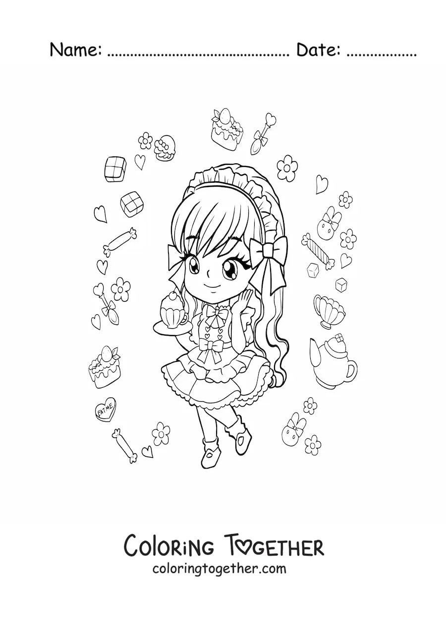 Coloring page of a chibi anime girl with a cupcake
