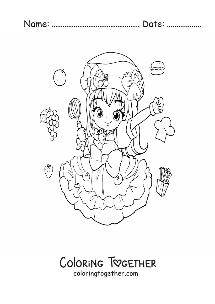 Coloring page of a chibi anime girl chef