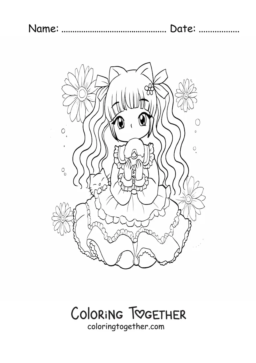 Coloring page of a chibi anime girl with a kitten and a cupcake