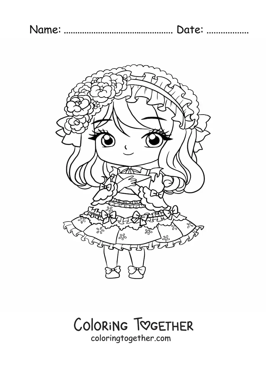 Coloring page of a chibi anime girl with a dress and a letter
