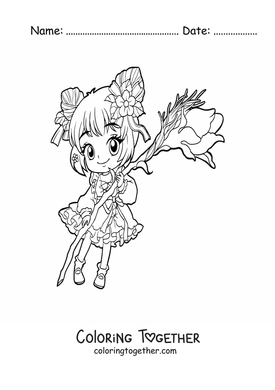 Coloring page of a little chibi anime girl with a rose