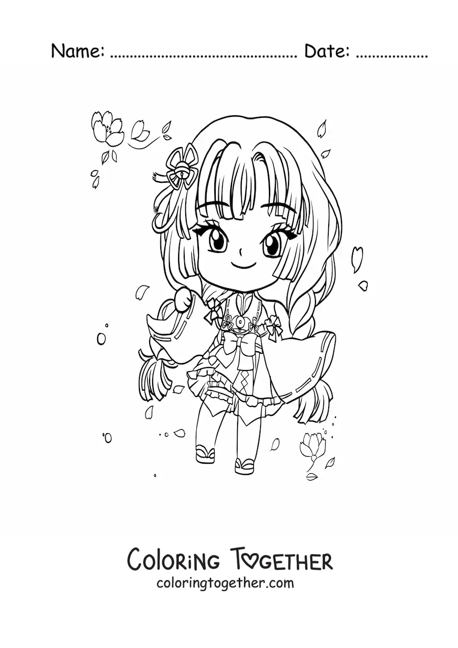 Coloring page of a chibi anime girl with a Japanese dress