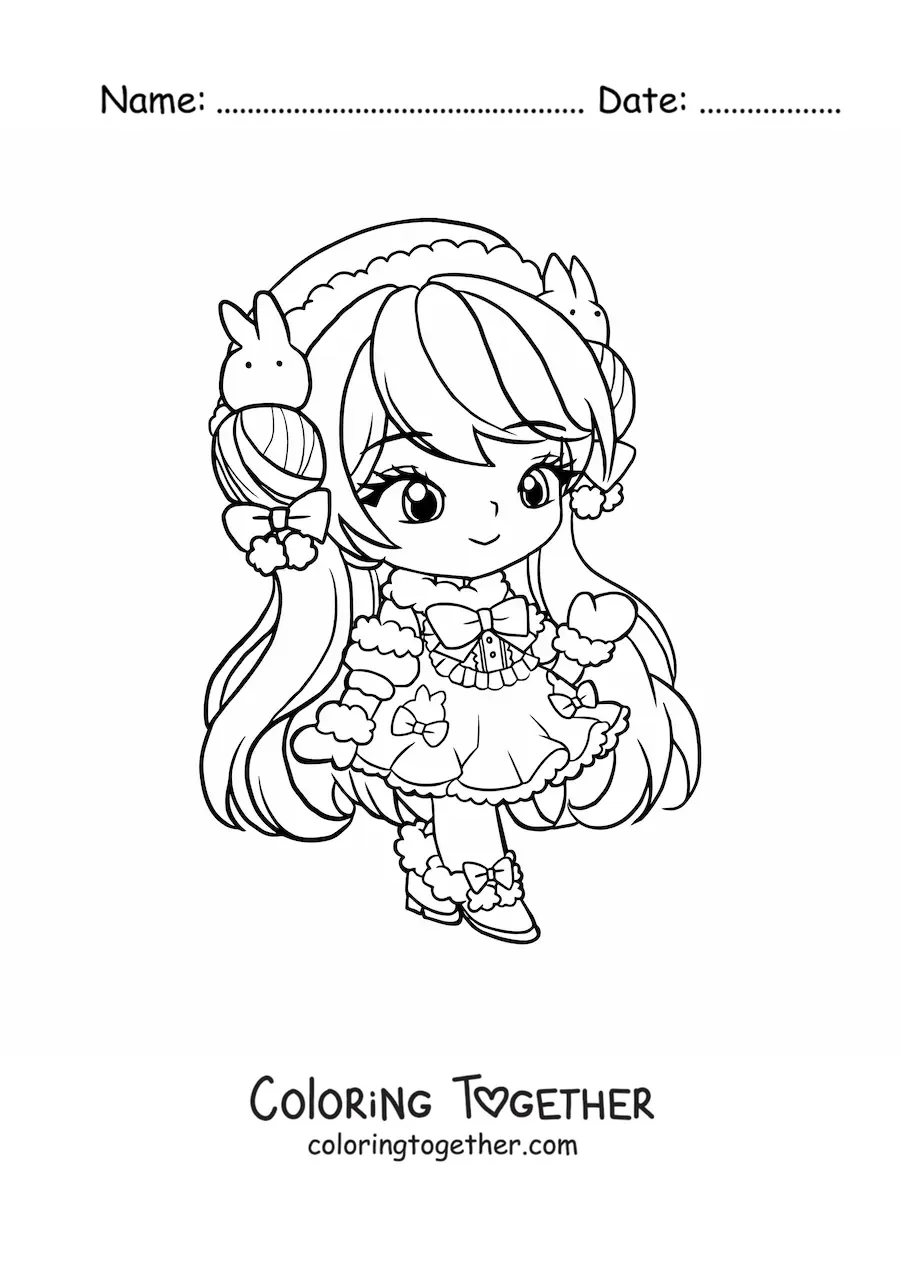 Coloring page of a chibi anime girl with a cute dress