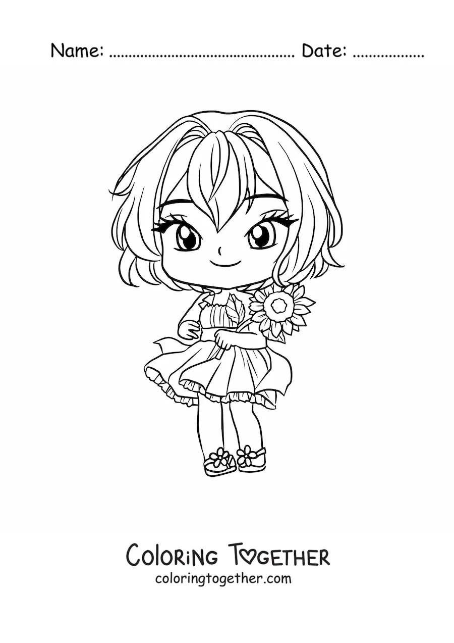 Coloring page of a chibi anime girl with a cute dress and a flower in her hand