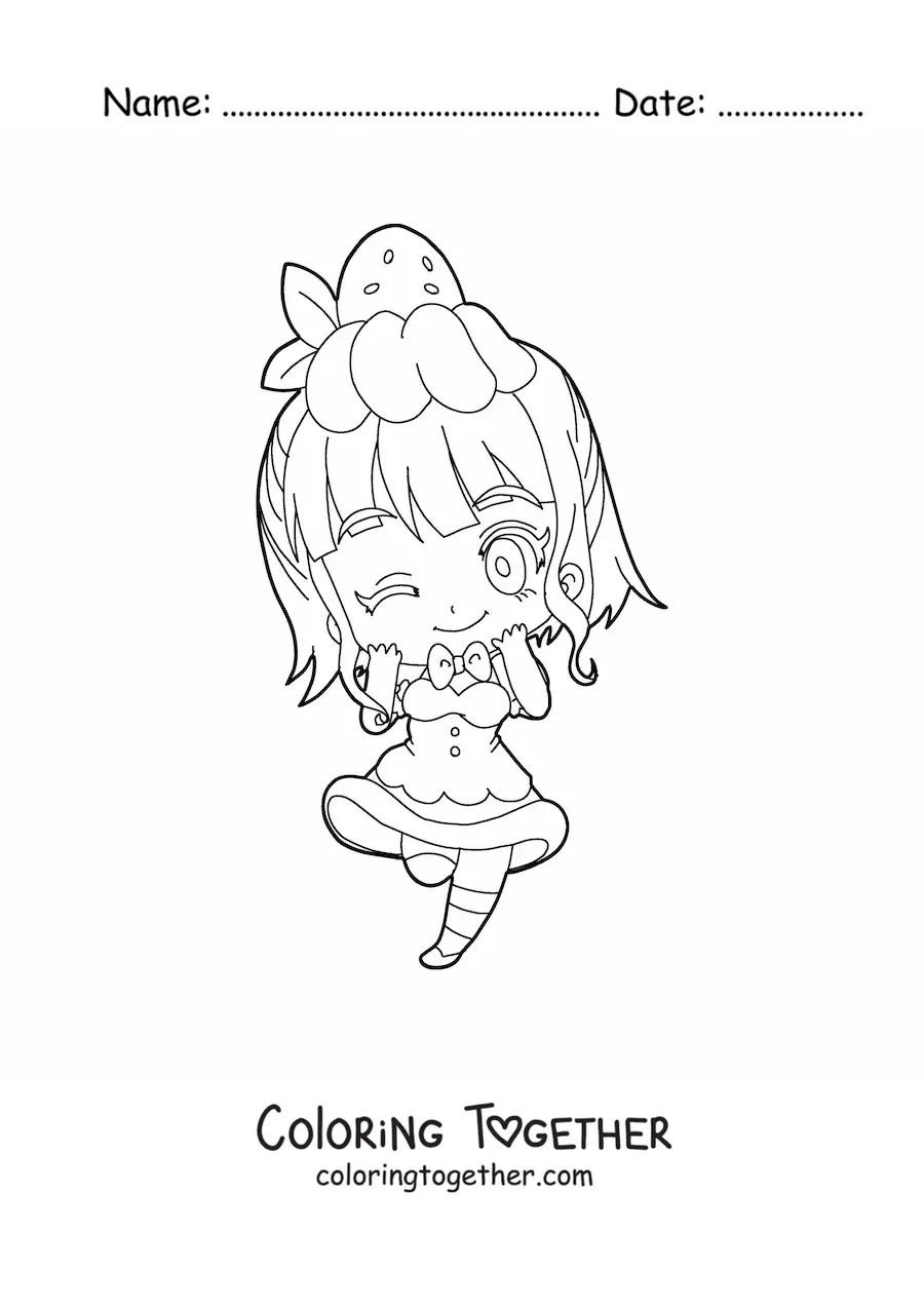 Coloring page of a chibi girl with a strawberry dessert dress