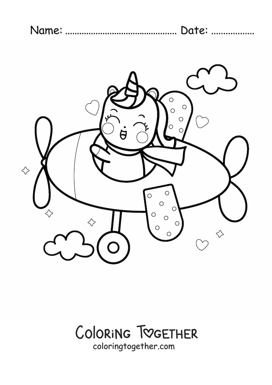 Coloring page of a kawaii unicorn flying a plane with clouds and hearts in the background