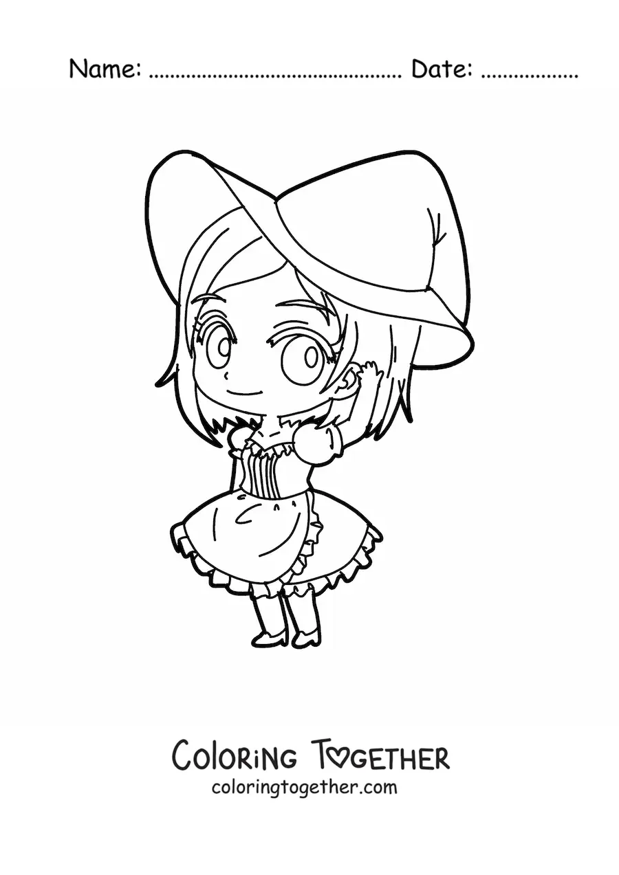Coloring page of a chibi girl with a witch dress