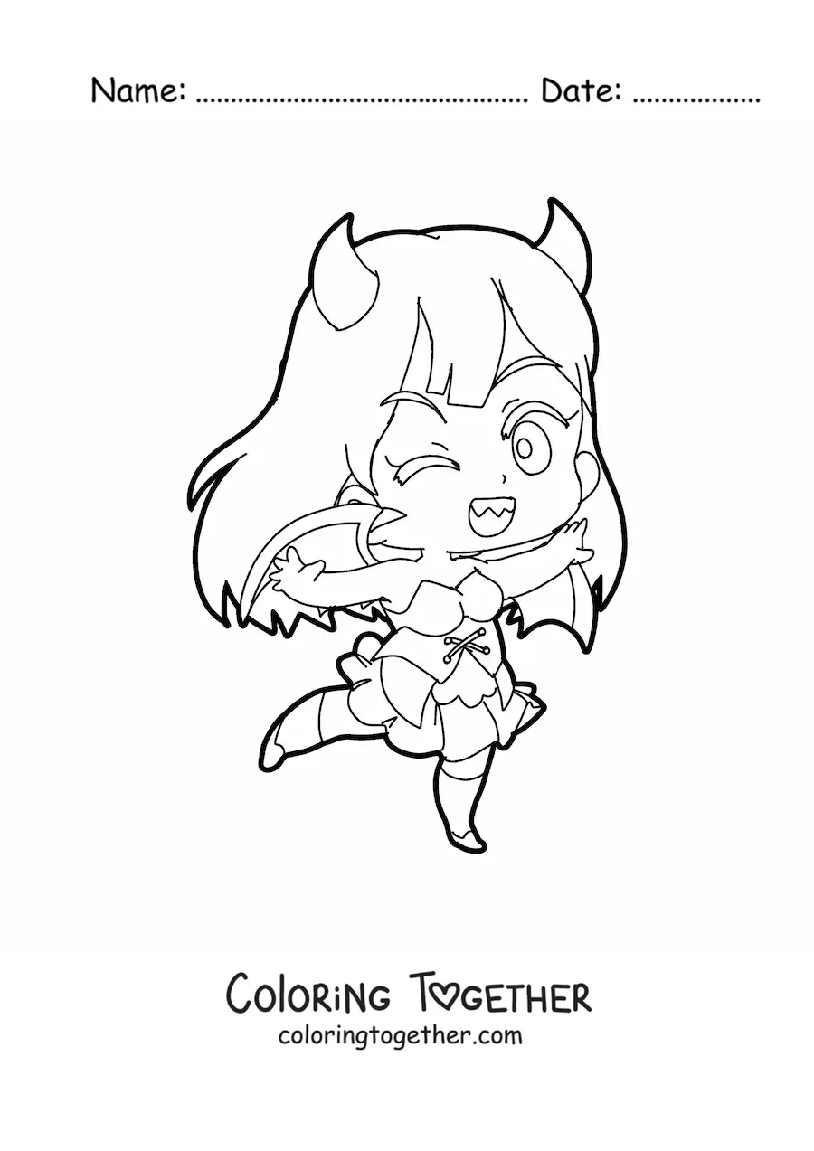 Coloring page of a chibi girl in a Halloween demon costume