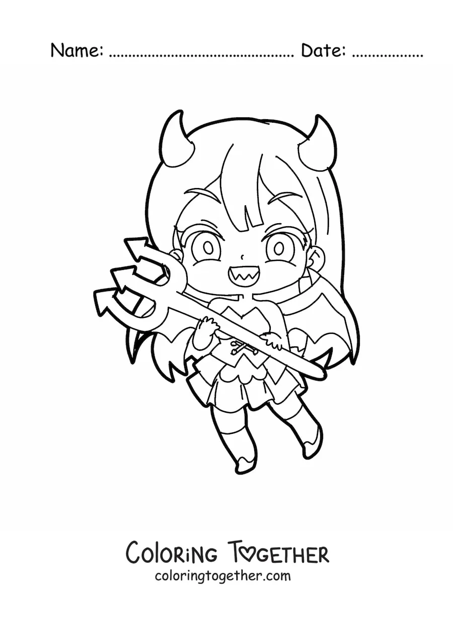 Coloring page of a chibi girl in a devil costume with a trident