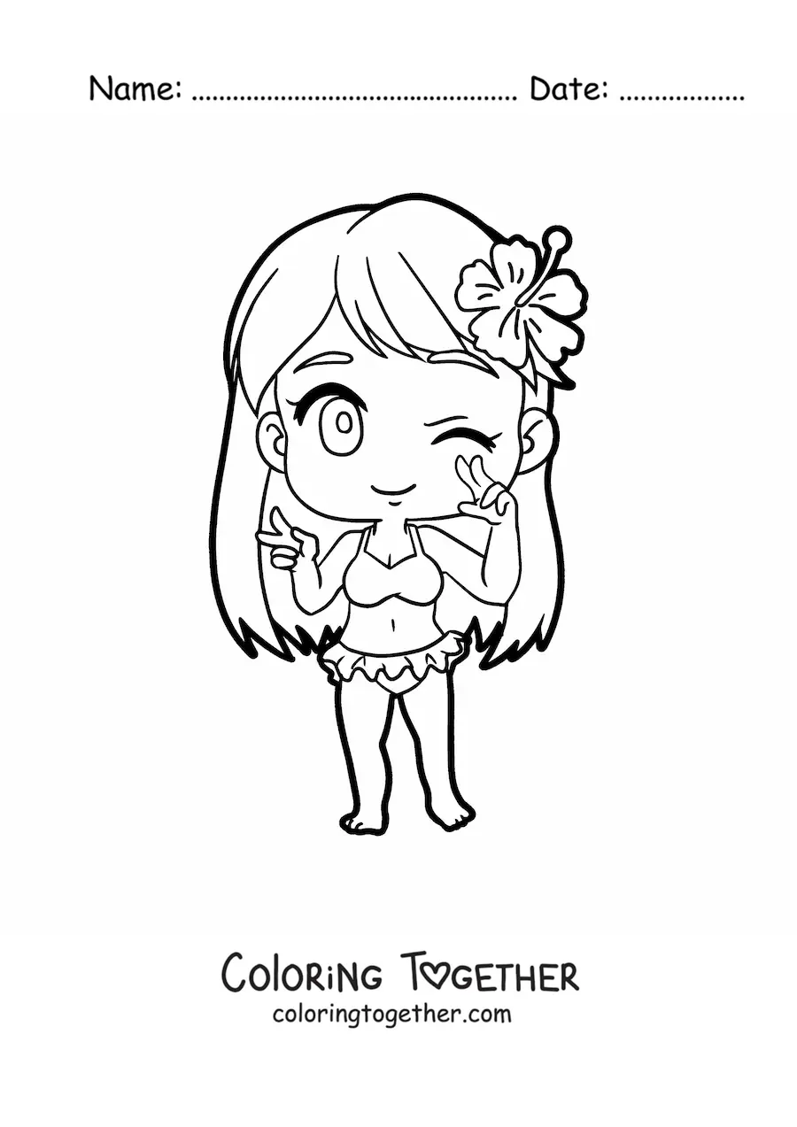 Coloring page of a chibi girl in a bikini