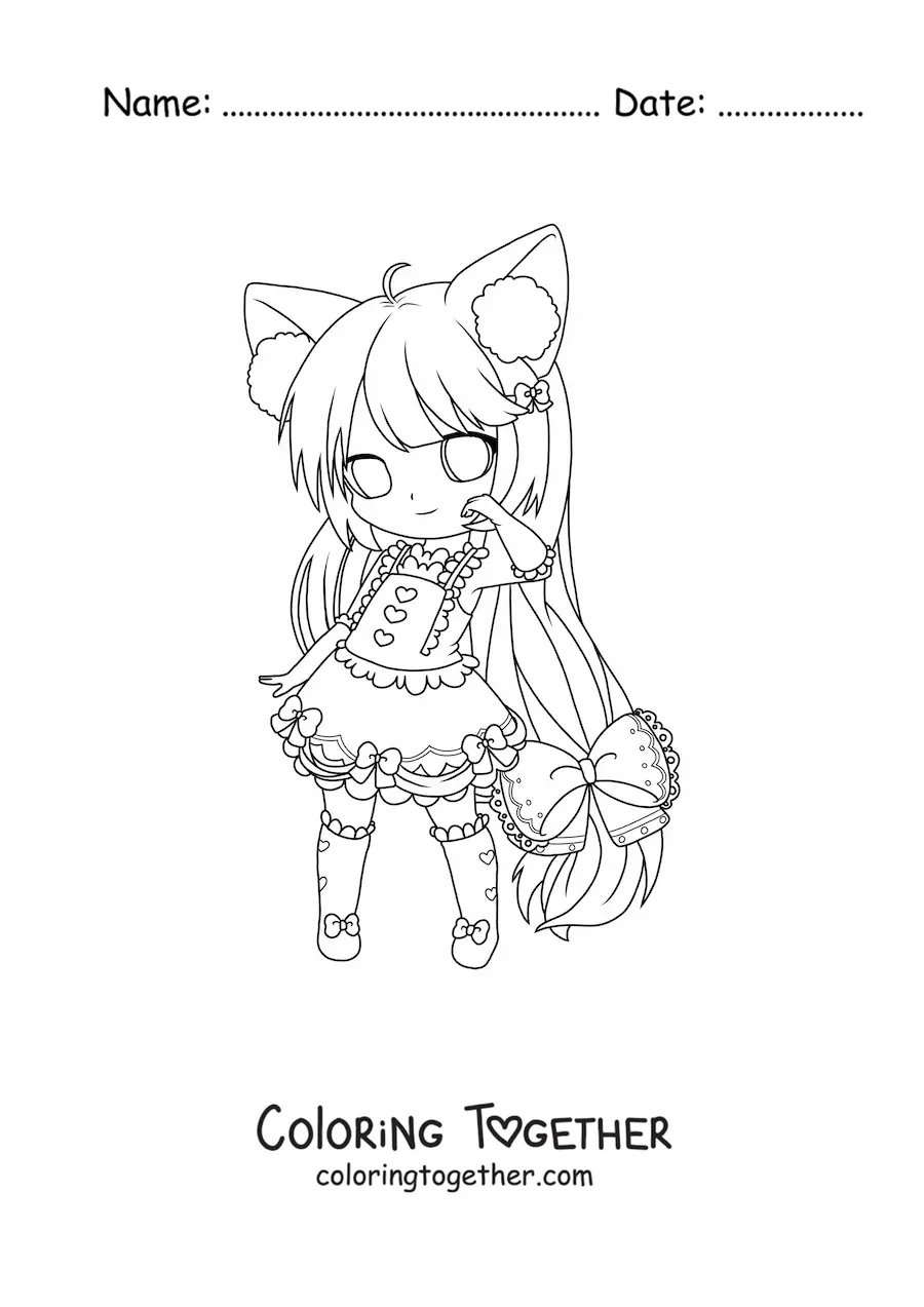 Coloring page of a chibi girl with neko ears