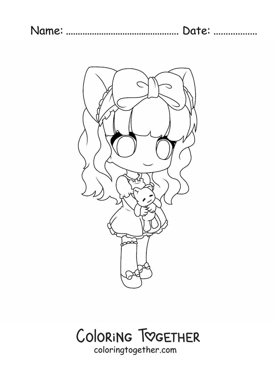Coloring page of a chibi girl with neko ears and a teddy bear plushie