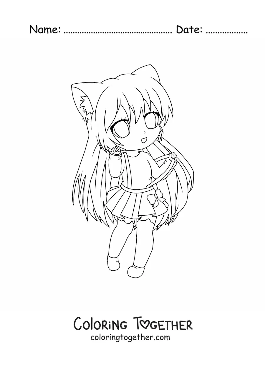 Coloring page of a chibi girl with neko ears and a skirt