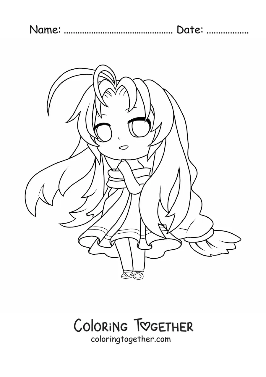 Coloring page of a chibi girl with a long dress