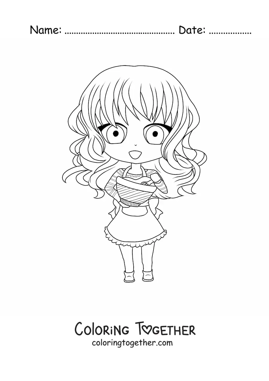 Coloring page of a chibi girl cooking