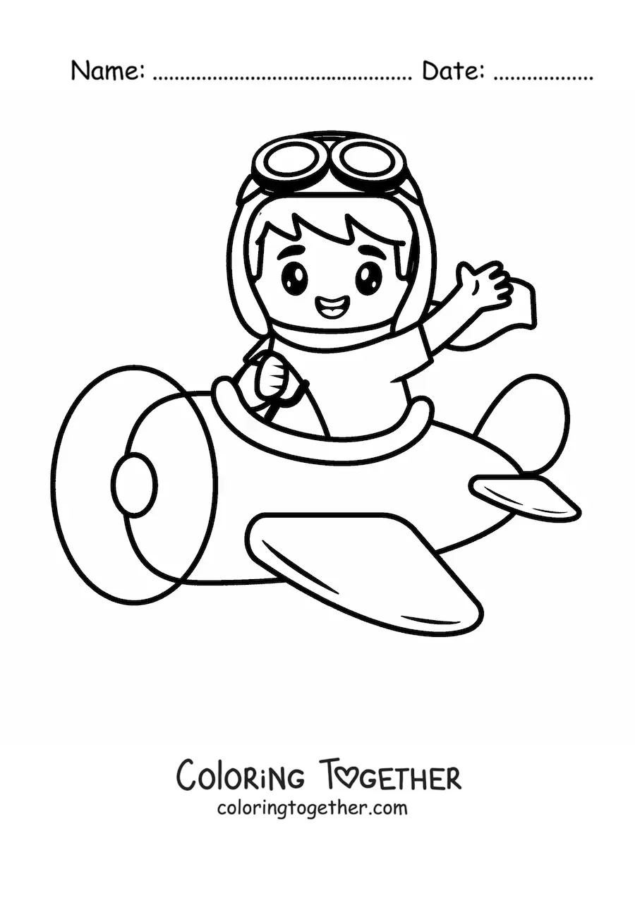 Coloring page of a kawaii airplane pilot flying