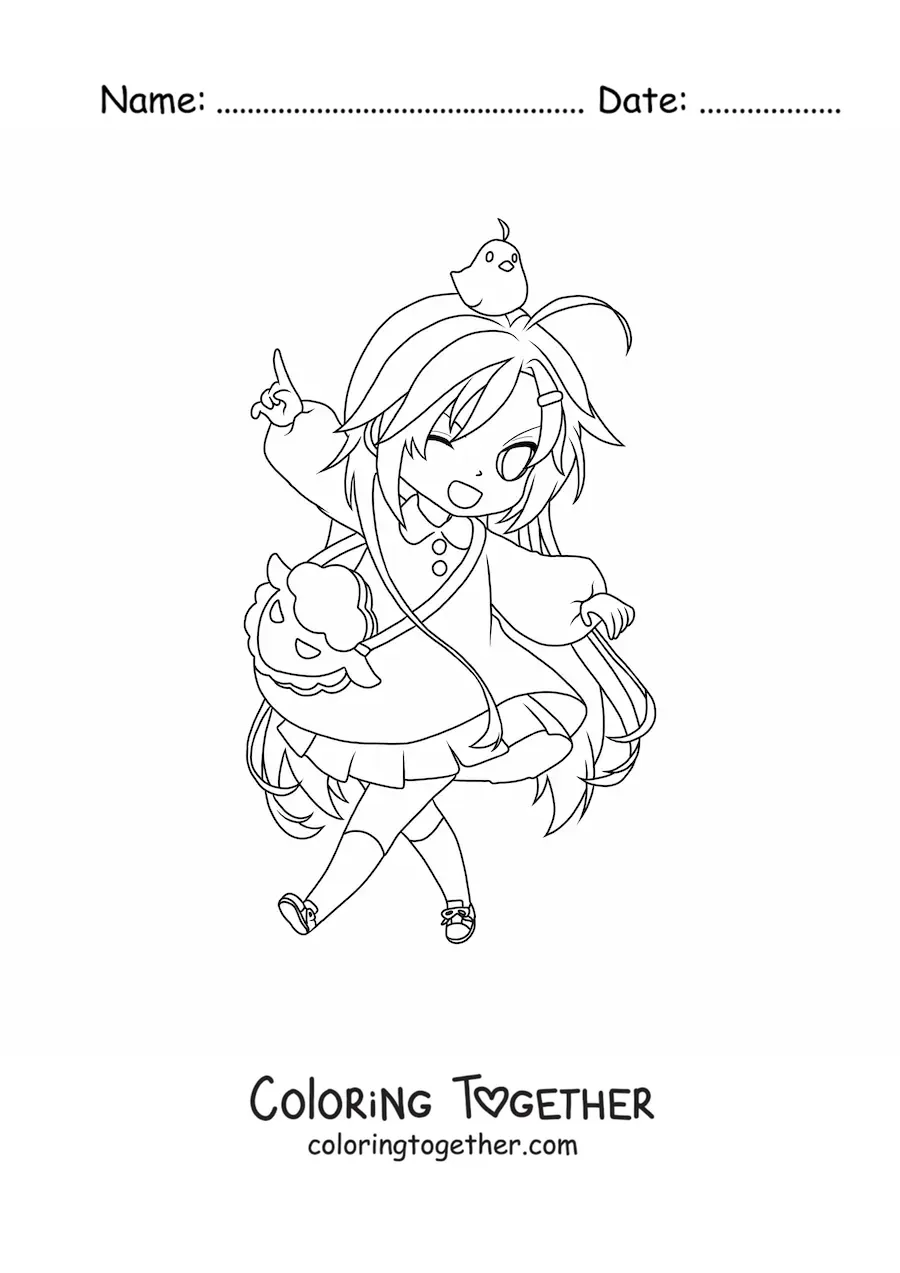 Coloring page of a chibi girl in a beautiful dress with a chick